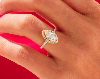 Anello di fidanzamento con moissanite taglio marquise con alone e pietre laterali incastonate / Anello di promessa con moissanite da 1,00 - 1,50 - 2,00 ct in oro massiccio 14 carati