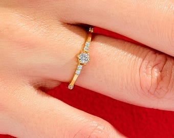 Moissanite Promise Ring with Sidestones / 14k Gold Stacking Ring / Tiny Everyday Ring / Minimalist Jewelry / Gift for Her