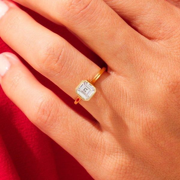 Bezel Set Asscher Cut Solitaire Moissanite Engagement Ring / 14K Gold Dainty Moissanite Ring / Asscher Cut Solitaire Promise Ring for Women