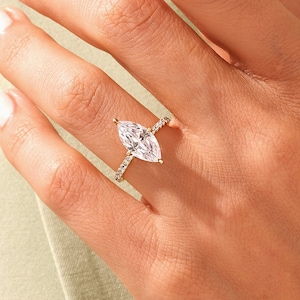 Marquise Moissanite Engagement Ring / 14K Solid Gold Pave Set Side Stone Ring / Promise Ring / 1, 1.5, 2 CT Marquise Center Stone