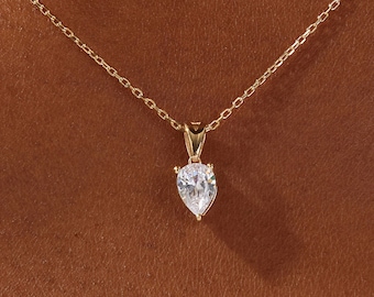 Collar con colgante de moissanita de talla pera / Collares de diamantes solitarios simulados para mujeres / Collar de oro macizo / Joyas de plata