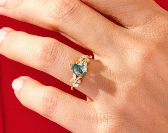 Pear Moss Agate Engagement Ring with Marquise Moissanite Sidestones / 14k Gold Drop Gemstone Promise Ring / Anniversary Gift