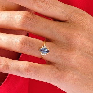 Marquise Lab Alexandrite Engagement Ring with Sidestones  / Natural Gemstone Promise Ring / Moissanite Sidestone Engagement Ring