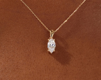 Marquise Cut Solitaire Pendant Necklace / Marquise Cut Simulated Diamond Necklaces for Women / Solid Gold Necklace / Bridal Jewelry