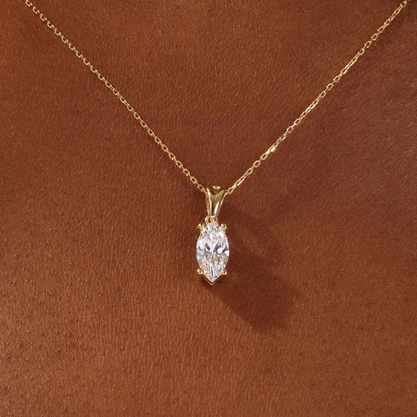 Collar con colgante de solitario de corte marquesa / Collares de diamantes simulados de corte marquesa para mujeres / Collar de oro sólido / Joyería nupcial