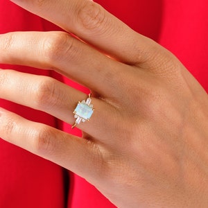 Emerald Cut Opal Engagement Ring / 14k Gold Ring with Baguette Sidestones / Alternative Promise Ring for Women / Anniversary Gift