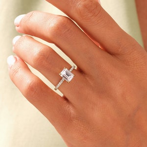 1.00 - 1.50 - 2.00 CT Emerald Engagement Ring / 14K Solid Gold Promise Ring / Moissanite Half Eternity Ring / Side Stone Accented Ring