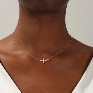 14k Solid Gold Moissanite Sideways Cross Necklace / Sideways Cross Necklace with Simulated Diamond / Moissanite Cross Necklaces for Women