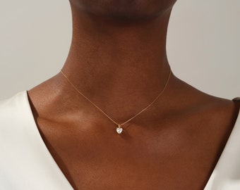 Heart Cut Moissanite Pendant Necklace / Simulated Diamond Heart Necklaces for Women / Solid Gold Necklace / Silver Jewelry