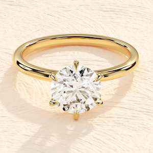 6-polige ronde verlovingsring in 14k Solid Gold / 1, 1.5, 2 CT Moissanite verlovingsringen / Solitaire Moissanite Ring / Gold Promise Ring