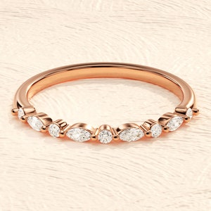 14k Solid Gold Alternating Marquise Moissanite Wedding Band / Gold Wedding Ring with Diamond Alternatives / Moissanite Ring for Women image 5
