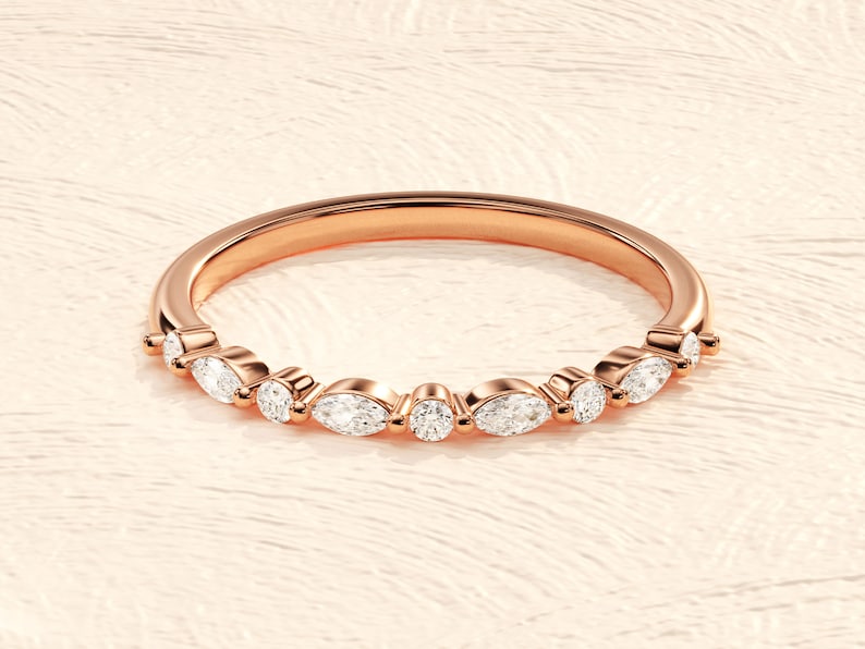 14k Solid Gold Alternating Marquise Moissanite Wedding Band / Gold Wedding Ring with Diamond Alternatives / Moissanite Ring for Women image 5