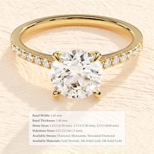 Pave Set Side-Stone Round Moissanite Engagement Ring / 14k Solid Gold Moissanite Ring for Women / 1, 1.5, 2 CT Promise Ring image 10