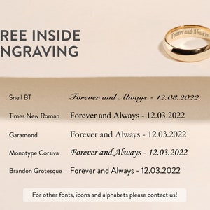 May include: A gold wedding band with the inscription "Forever and Always" on the inside. The image shows different font options for engraving, including Snell BT, Times New Roman, Garamond, Monotype Corsiva, and Brandon Grotesque.