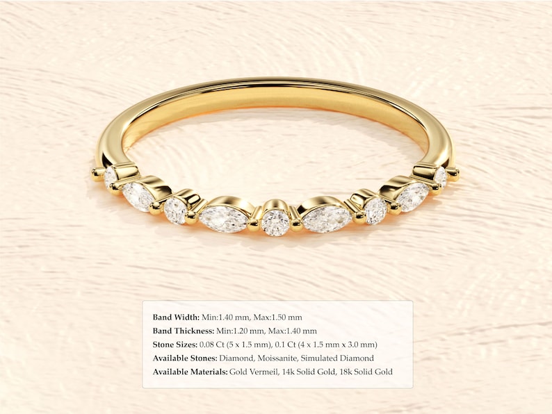 14k Solid Gold Alternating Marquise Moissanite Wedding Band / Gold Wedding Ring with Diamond Alternatives / Moissanite Ring for Women image 7