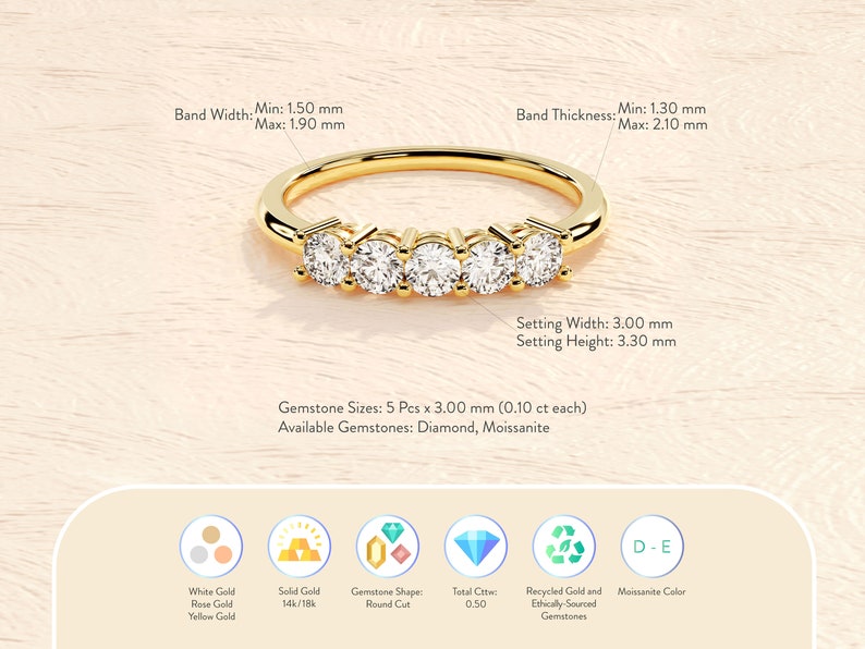 Round-Cut Five Stone Anniversary Band 0.50 ct/ Five Stone Simulated Diamond Anniversary Ring/ Moissanite Anniversary Ring for Women image 6