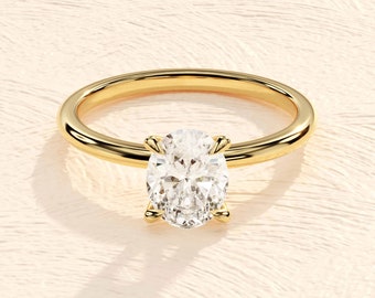 Anillo de compromiso ovalado en oro macizo de 14 k / 1, 1,5, 2 anillos de compromiso de moissanita CT / anillo de moissanita solitario de 4 puntas / anillo de promesa de oro