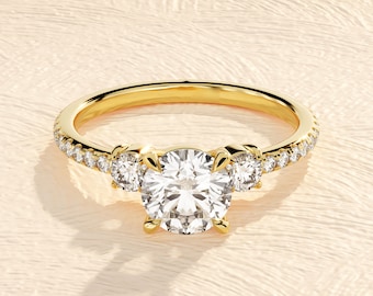 14K Solid Gold Three-Stone Engagement Ring With Side Stones / 1.00 CT Brilliant Round Cut Moissanite Promise Ring / Gift for Wife