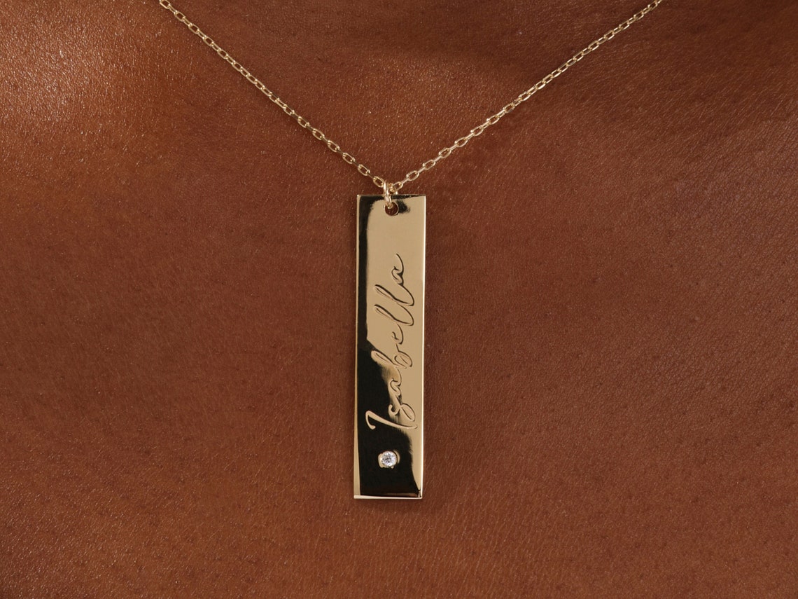 14k Gold Moissanite Name Tag Necklace / Customizable Name Tag Necklace ...