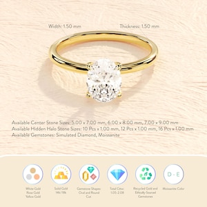 Oval Cut Hidden Halo Engagement Ring / 14K Solid Gold 1.00 1.50 2.00 CT Brilliant Moissanite Ring / Solitaire Engagement Ring for Women image 9