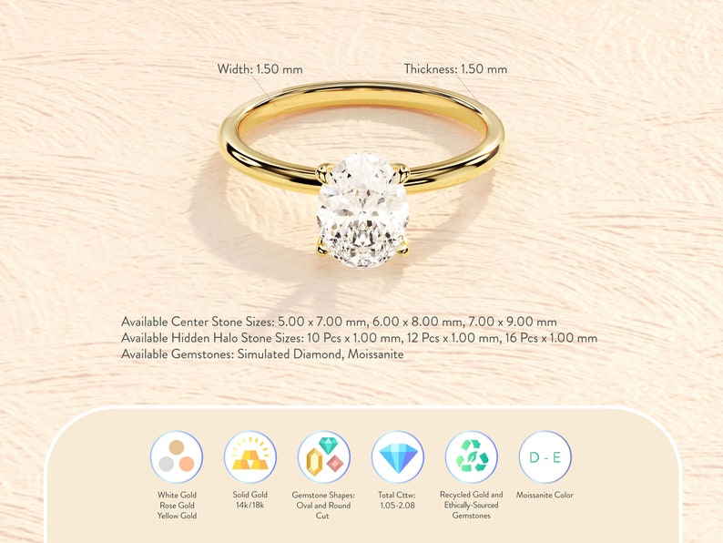 Oval Cut Hidden Halo Engagement Ring / 14K Solid Gold 1.00 1.50 2.00 CT Brilliant Moissanite Ring / Solitaire Engagement Ring for Women image 9