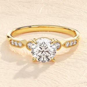 14K Solid Gold 1.00 CT Moissanite Engagement Ring with Milgrain Details / Vintage Inspired Ring / 6.50 mm Round Cut Moissanite Ring