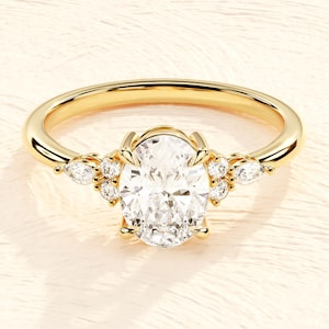 14k Solid Gold Vintage Moissanite Engagement Ring for Women / Cluster Accent Oval Moissanite Ring / 1, 1.5, 2 CT Promise Ring image 1