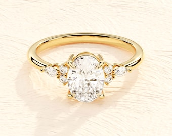 14k Solid Gold Vintage Moissanite Engagement Ring voor vrouwen / Cluster Accent Oval Moissanite Ring / 1, 1.5, 2 CT Promise Ring