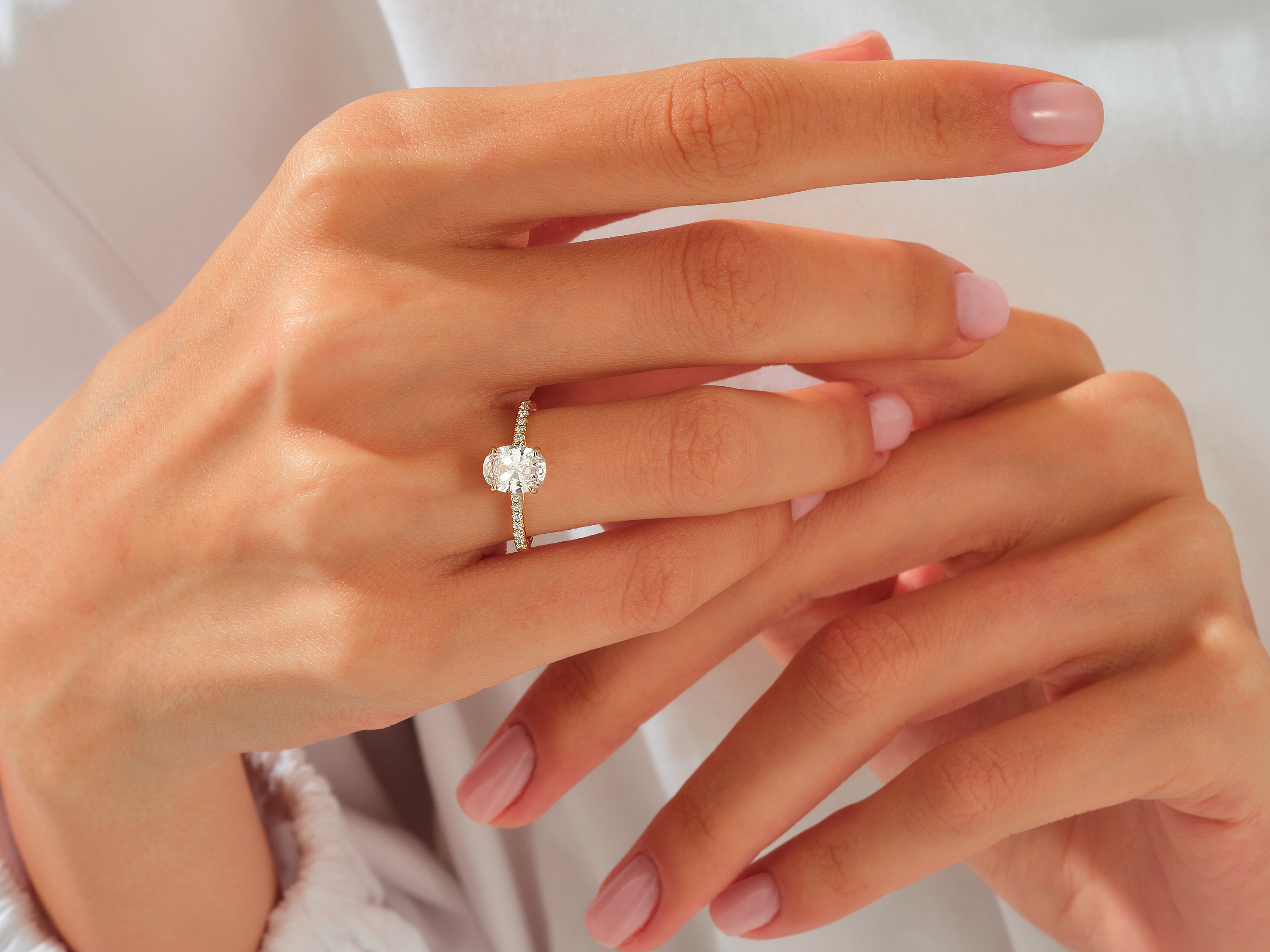 14k Solid Gold Pave Set Side-stone Oval Moissanite Engagement Ring ...