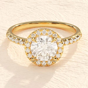 14k Solid Gold 1.0 CT Round Halo Moissanite Engagement Ring / Pave Set Moissanite Ring for Women / Diamond Substitute Engagement Ring