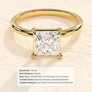 May include: A gold engagement ring with a square-shaped diamond. The band is 1.50 mm wide and 1.50 mm thick. The diamond is available in sizes of 1.0 ct (5.5 mm), 1.5 ct (6.5 mm), and 2.0 ct (7.0 mm). The ring is available in gold vermeil, 14k solid gold, and 18k solid gold.