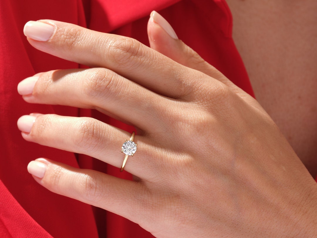 Round Cut Hidden Halo Engagement Ring / 14K Solid Gold 1.00 1.50 2.00