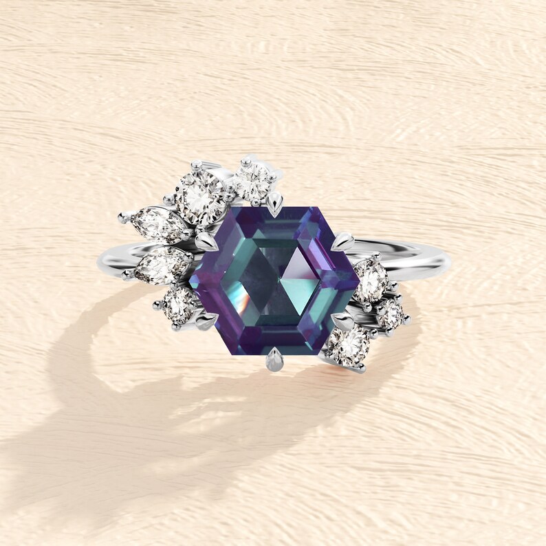 Hexagon Lab Alexandrite Engagement Ring With Moissanite Cluster ...