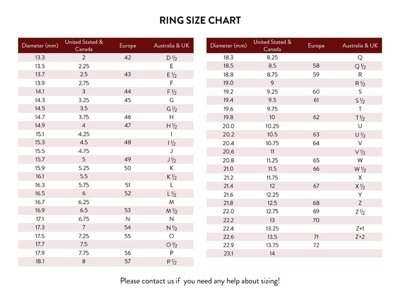May include: Ring size chart with measurements in millimetres and inches. The chart shows ring sizes for the United States and Canada, Europe, and Australia and the United Kingdom.
