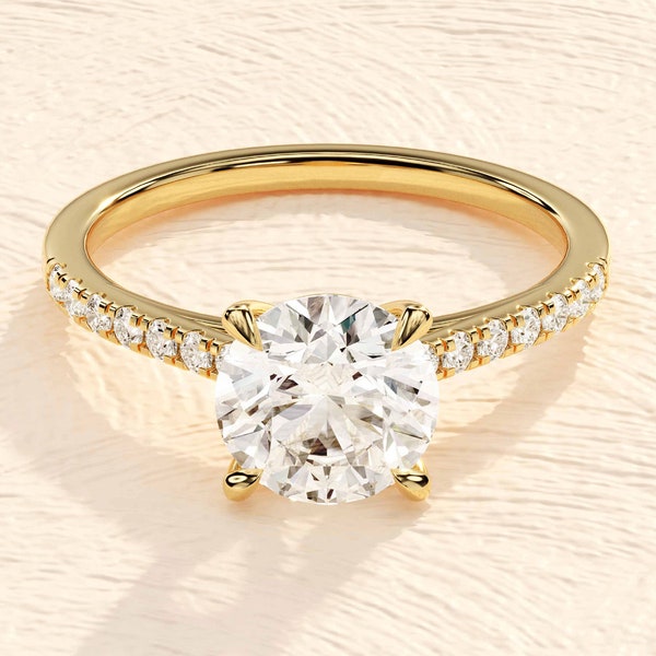 Pave Set Side-Stone Round Moissanite Anillo de compromiso / Anillo de moissanite de oro sólido de 14 k para mujer / 1, 1.5, 2 CT Promise Ring