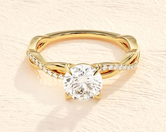 Anello di fidanzamento Petite Twist Moissanite / Anello Moissanite sostenibile unico per donne / Anello di vite intrecciato in oro 14k / Anello di promessa