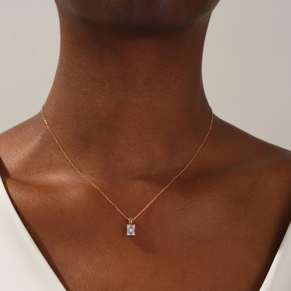 Emerald Cut Solitaire Pendant Necklace / Simulated Diamond Solitaire Necklaces for Women / Solid Gold Necklace / Bridal Jewelry