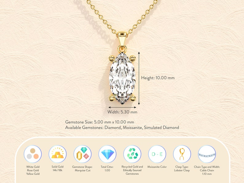 Marquise Cut Solitaire Pendant Necklace / Marquise Cut Simulated Diamond Necklaces for Women / Solid Gold Necklace / Bridal Jewelry image 6