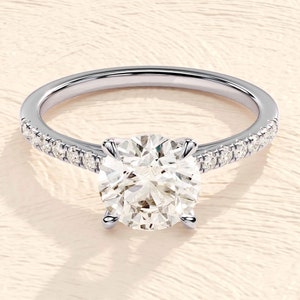 Pave Set Side-Stone Round Moissanite Engagement Ring / 14k Solid Gold Moissanite Ring for Women / 1, 1.5, 2 CT Promise Ring image 7