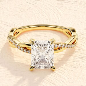 Twisted Radiant Cut Moissanite Engagement Ring / 1.00 1.50 2.00 CT Ring with Pave Set Side Stones / 14K Gold Infinity Ring for Women image 5