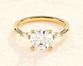 14k Solid Gold Cluster Accent Round Moissanite Engagement Ring / Vintage Moissanite Ring for Women / 1, 1.5, 2 CT Promise Ring