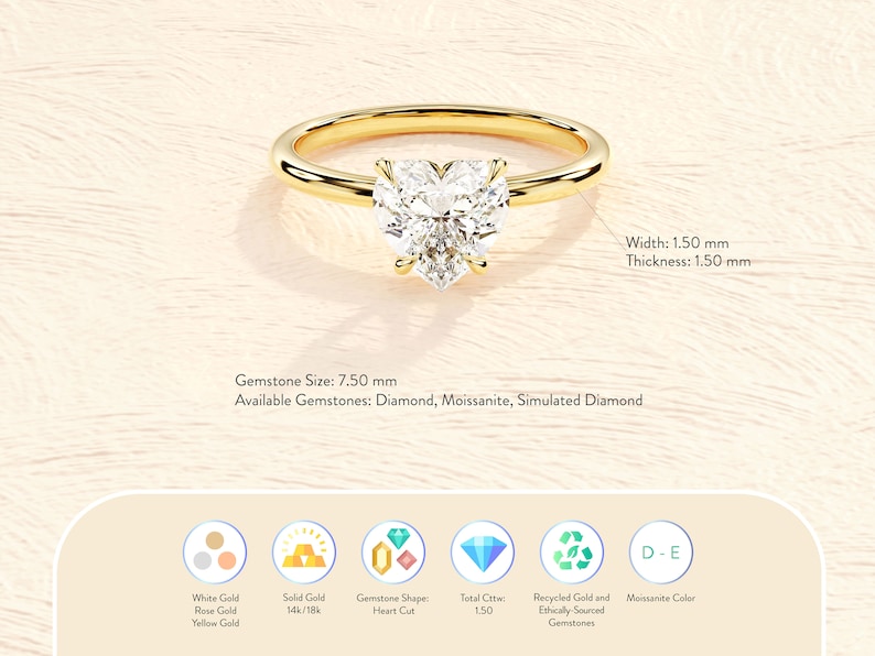 4-Prong Heart Cut Engagement Ring in 14k Solid Gold/ 1.5 CT Moissanite Engagement Rings/ Solitaire Moissanite Ring/ Gold Promise Ring image 5