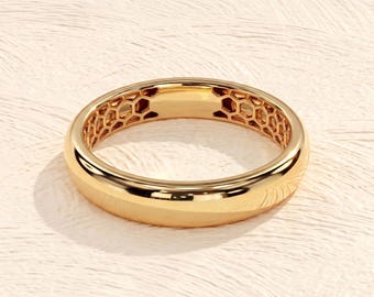 14K Gold Airweight Dome Wedding Band, 4mm Honeycomb Comfort Fit Ring