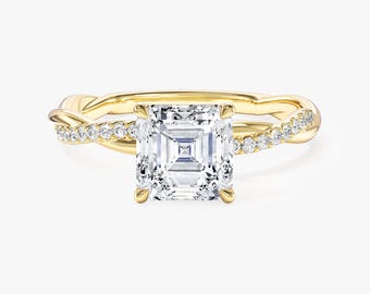 Twisted Asscher Cut Moissanite Engagement Ring / 1.00 - 1.50 - 2.00 CT Ring with Pave Set Side Stones / 14K Gold Infinity Ring for Women