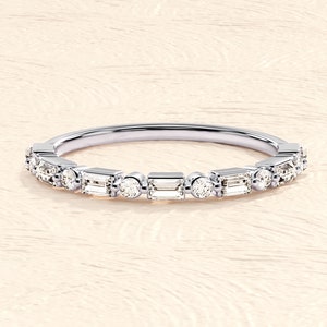 Shared Prong Round and Baguette Simulated Diamonds Wedding Ring/ Half Eternity Baguette and Round Cut Moissanite Wedding Band/ Bridal Ring image 4