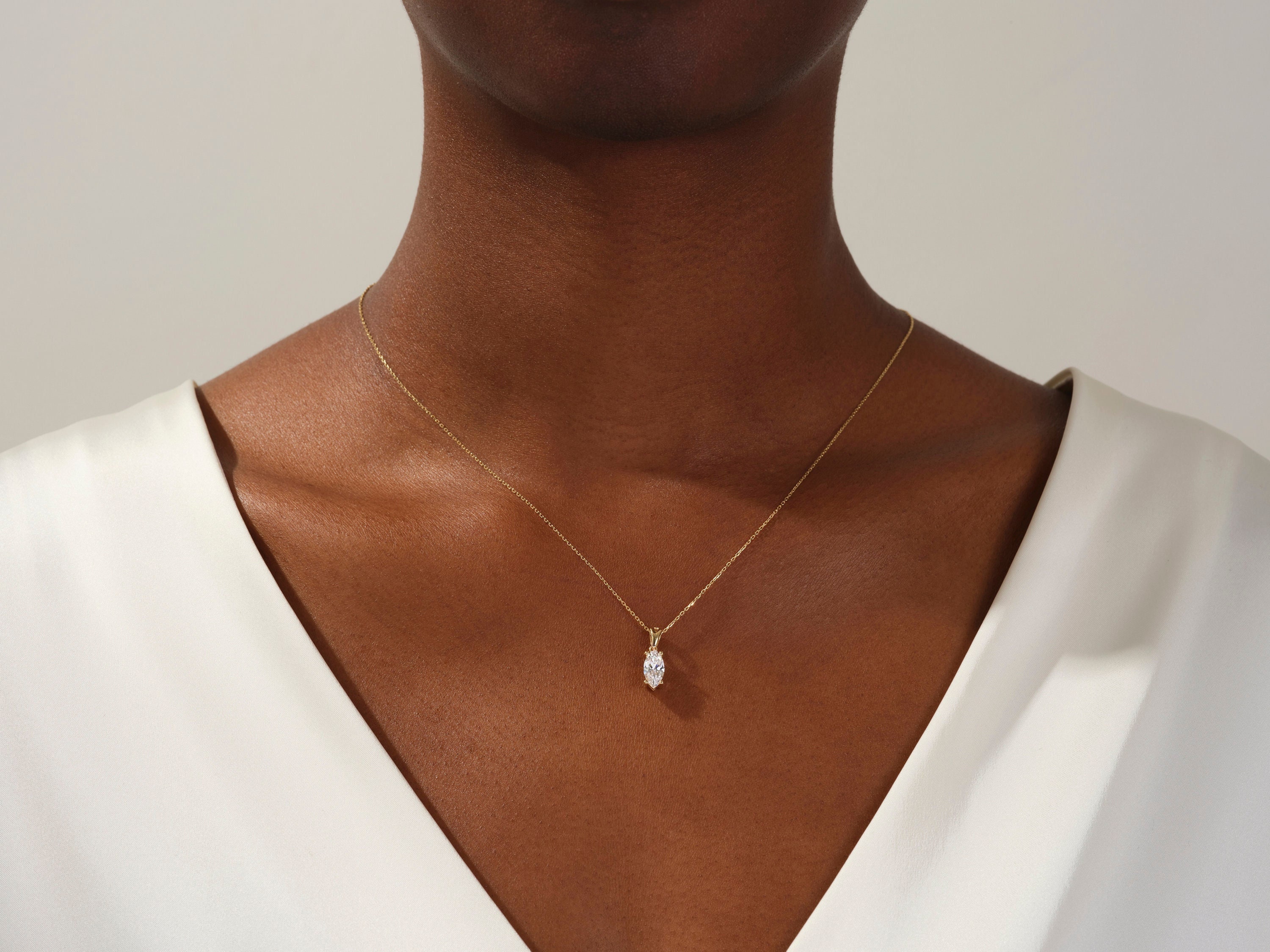 Marquise Cut Solitaire Pendant Necklace / Marquise Cut Simulated Diamond Necklaces for Women / Solid Gold Necklace / Bridal Jewelry