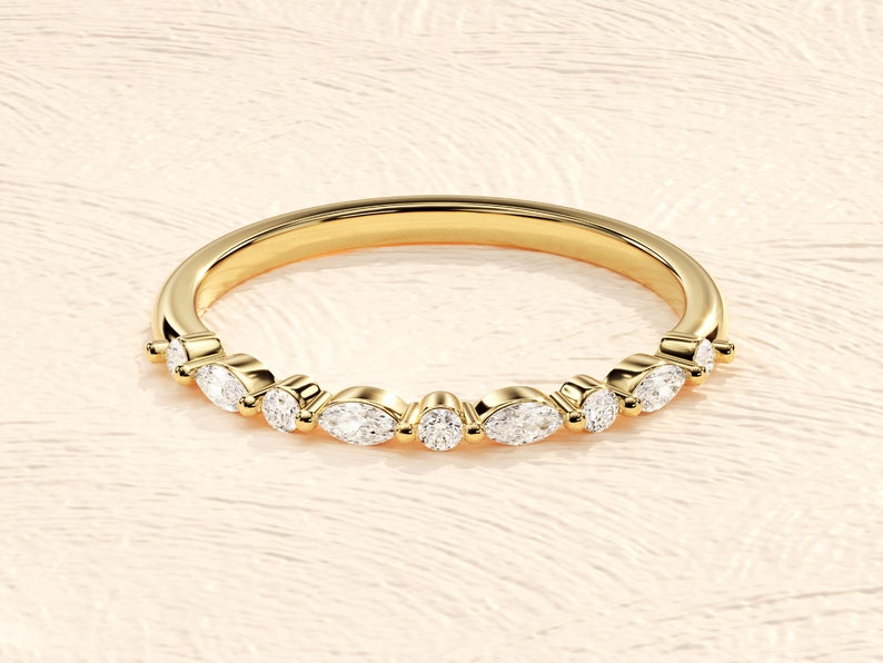 14k Solid Gold Alternating Marquise Moissanite Wedding Band / Gold Wedding Ring with Diamond Alternatives / Moissanite Ring for Women image 2