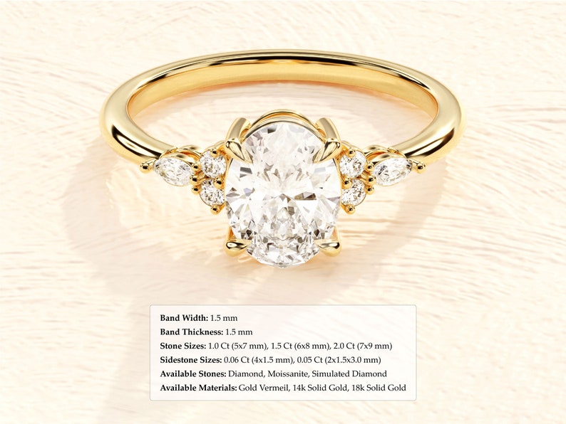 14k Solid Gold Vintage Moissanite Verlobungsring für Frauen / Cluster Akzent Oval Moissanite Ring / 1, 1.5, 2 ct Versprechen Ring Bild 10