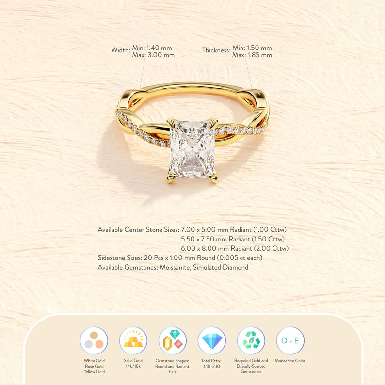 Twisted Radiant Cut Moissanite Engagement Ring / 1.00 1.50 2.00 CT Ring with Pave Set Side Stones / 14K Gold Infinity Ring for Women image 8