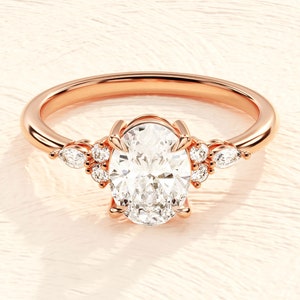 Anillo de compromiso Moissanite vintage de oro sólido de 14 k para mujer / Anillo de moissanite ovalado con acento de racimo / Anillo de promesa de 1, 1.5, 2 CT imagen 7